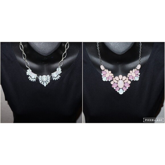 2x Necklace Lot Blue Purple Pink Rhinestone Pastel Teardrop Aurora Borealis - Picture 1 of 11